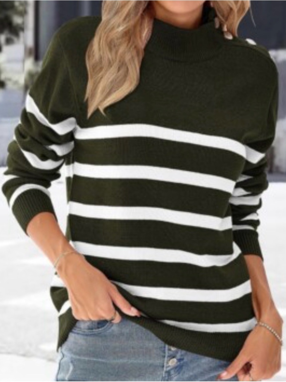 Women's Black & White Striped Turtleneck Sweater